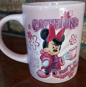 Disney Minnie Mouse Large Pink Coffee Mug Caution I Don't Do Mornings